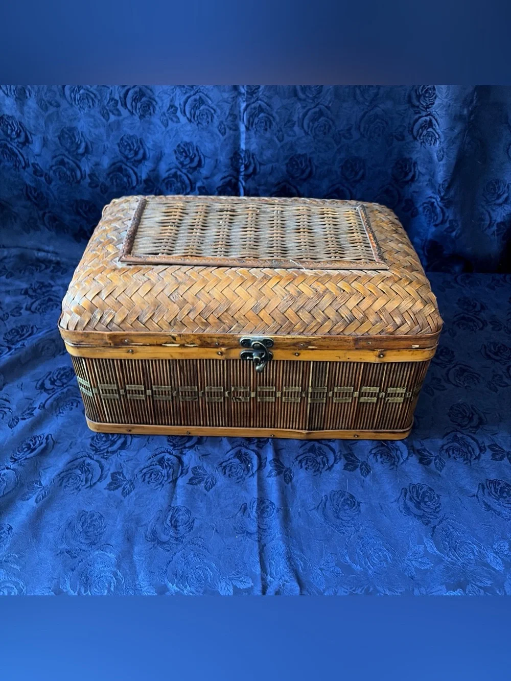 VTG Handwoven Rattan & Bamboo Trinket Box W/Metal Latch-13”x8.5”x7”